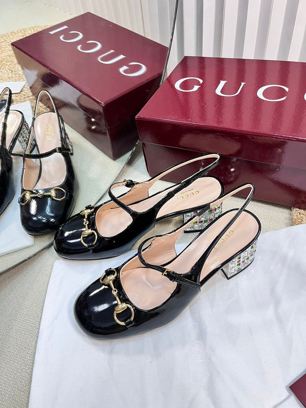 GC Horsebit Slingback with Crystal 60mm Black Patent Leather 294602