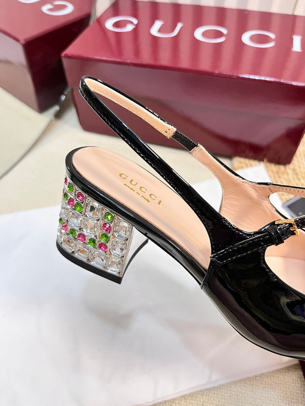 GC Horsebit Slingback with Crystal 60mm Black Patent Leather 294602