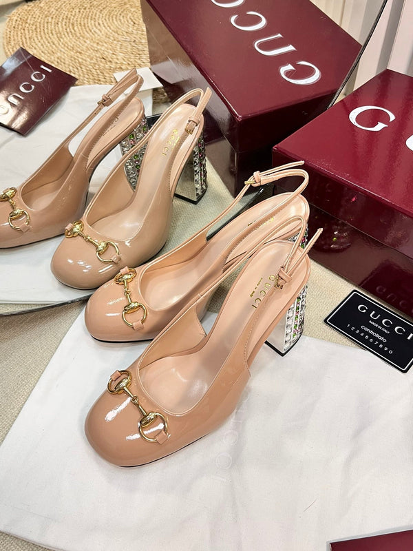 GC Horsebit Slingback with Crystal 95mm Rose Beige Patent Leather 294597
