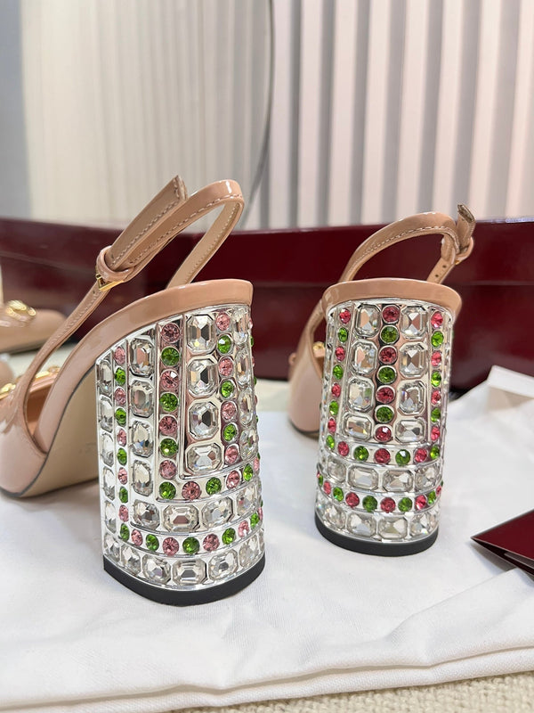 GC Horsebit Slingback with Crystal 95mm Rose Beige Patent Leather 294597