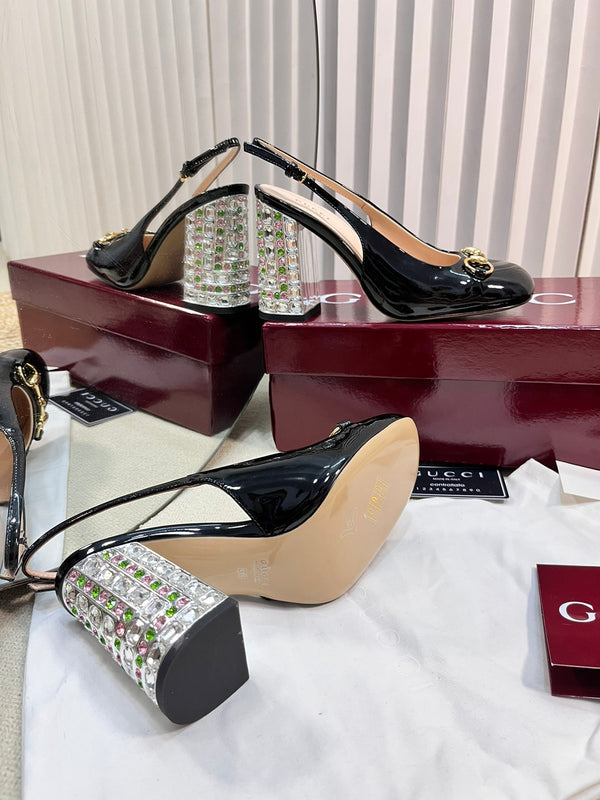 GC Horsebit Slingback with Crystal 95mm Black Patent Leather 294598