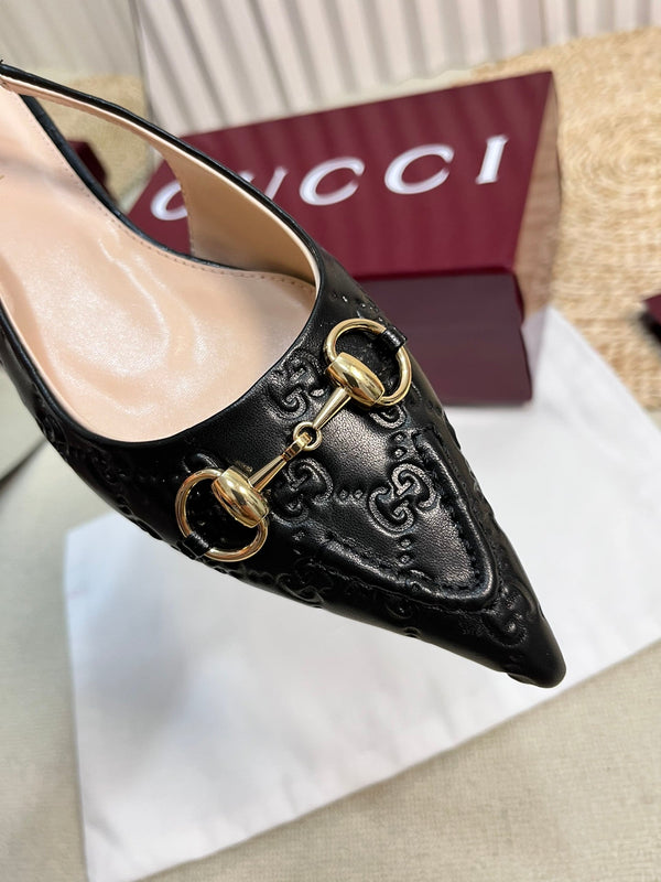 GC Horsebit Slingback Pump 10mm Black Embossed Sheepskin 294573
