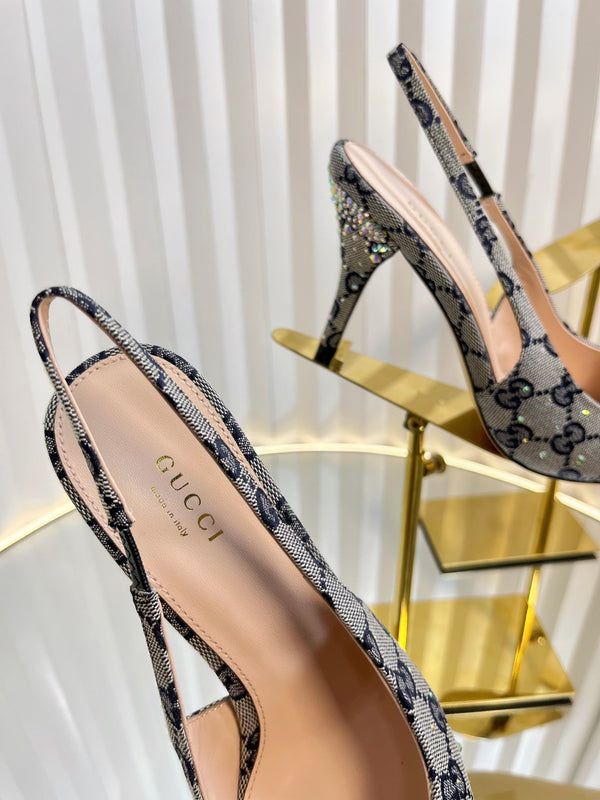 GC Crystal Horsebit Slingback 100mm Beige mix Blue Canvas pelle di agnello 294619