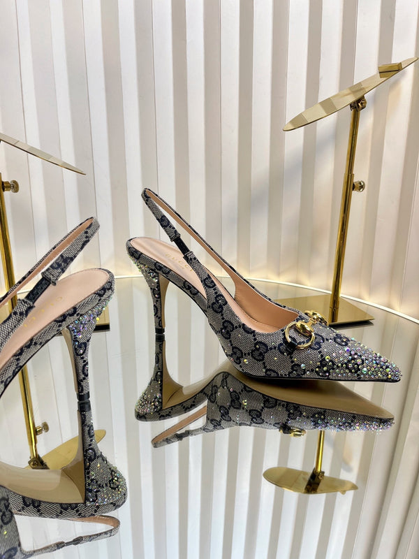 GC Crystal Horsebit Slingback 100mm Beige mix Blue Canvas pelle di agnello 294619