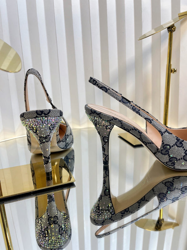 GC Crystal Horsebit Slingback 100mm Beige mix Blue Canvas pelle di agnello 294619