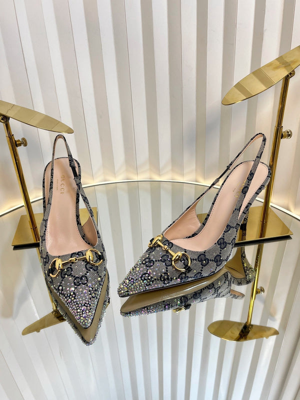 GC Crystal Horsebit Slingback 100mm Beige mix Blue Canvas pelle di agnello 294619