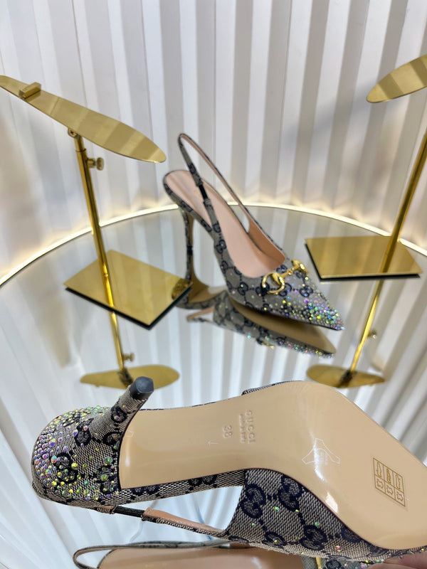 GC Crystal Horsebit Slingback 100mm Beige mix Blue Canvas pelle di agnello 294619