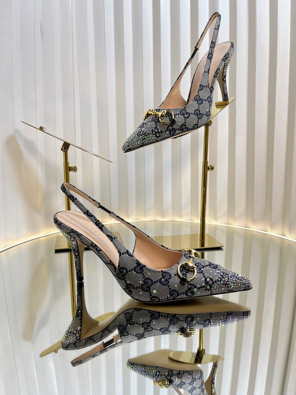 GC Crystal Horsebit Slingback 100mm Beige mix Blue Canvas pelle di agnello 294619