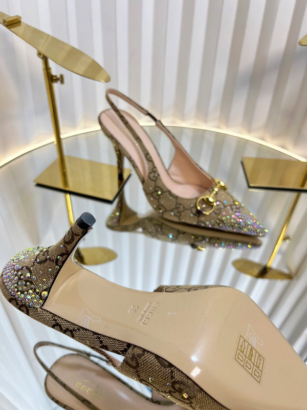 GC Crystal Horsebit Slingback 100mm Beige mix Ebony Canvas lambskin 294620