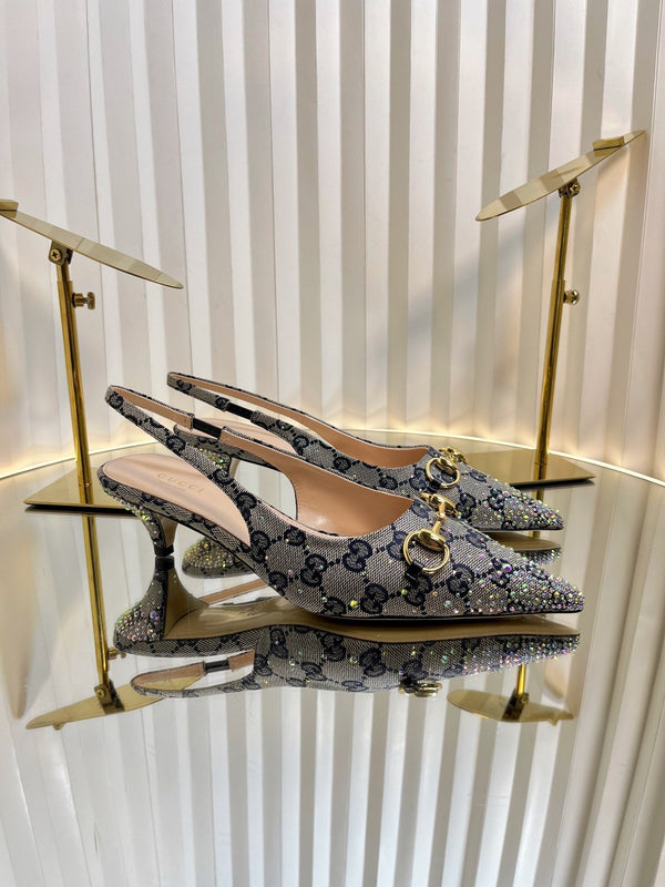 GC Crystal Horsebit Slingback 50mm Beige mix Blue Canvas lambskin 294616