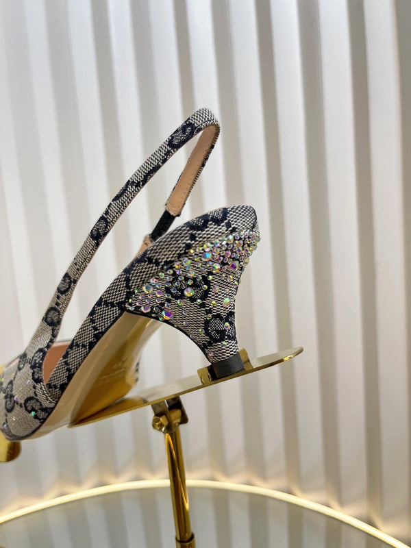 GC Crystal Horsebit Slingback 50mm Beige mix Blue Canvas lambskin 294616