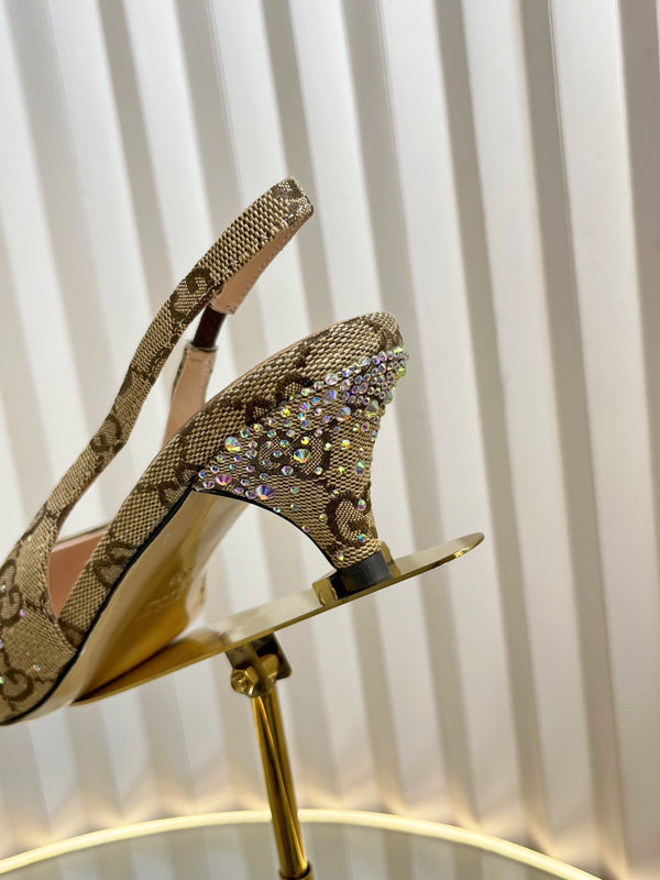 GC Crystal Horsebit Slingback 50mm Beige mix Ebony Canvas lambskin 294617