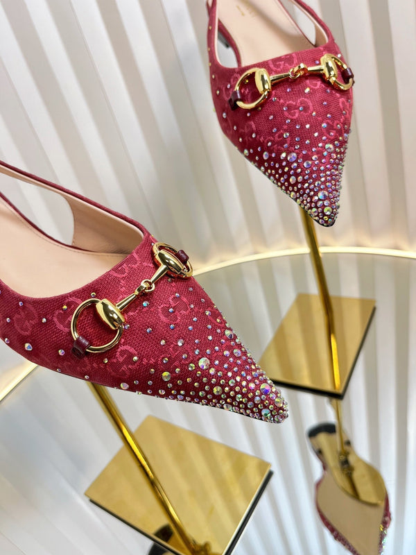 GC Crystal Horsebit Slingback 10mm Red Canvas lambskin 294612