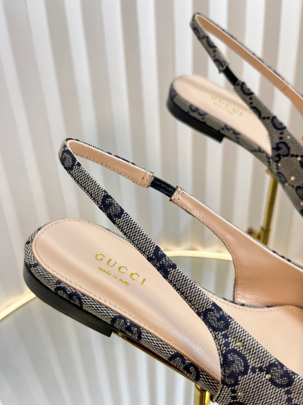 GC Crystal Horsebit Slingback 10mm Beige mix Blue Canvas pelle di agnello 294613