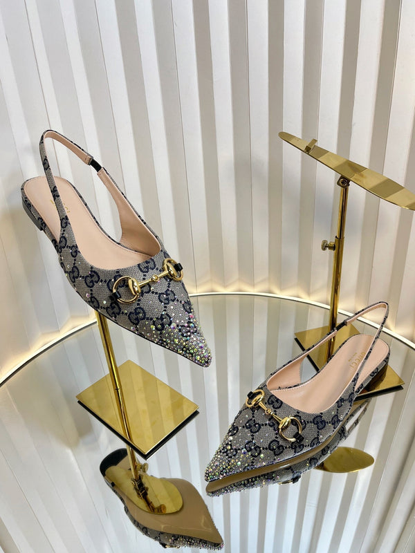 GC Crystal Horsebit Slingback 10mm Beige mix Blue Canvas pelle di agnello 294613