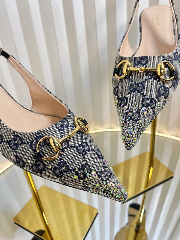GC Crystal Horsebit Slingback 10mm Beige mix Blue Canvas pelle di agnello 294613