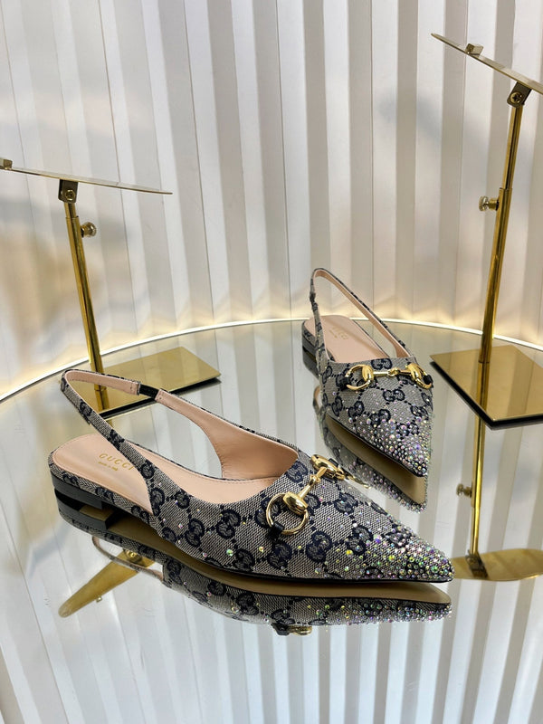 GC Crystal Horsebit Slingback 10mm Beige mix Blue Canvas pelle di agnello 294613