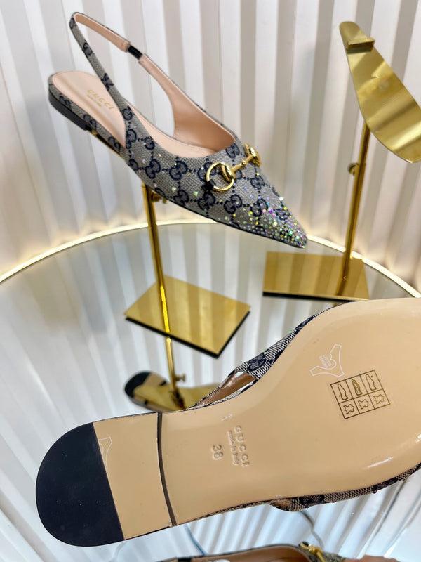 GC Crystal Horsebit Slingback 10mm Beige mix Blue Canvas pelle di agnello 294613