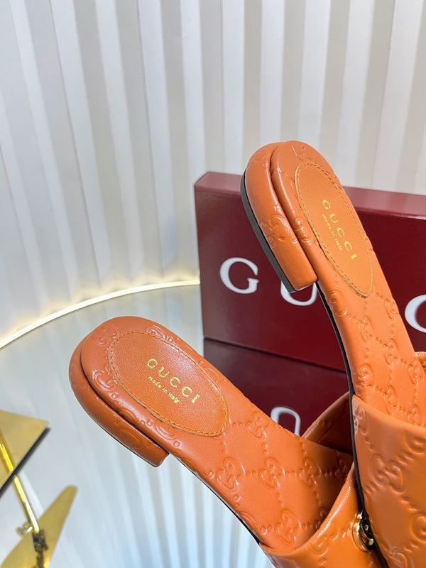 GC Double G Slide Sandals Brown Embossed Leather 294631