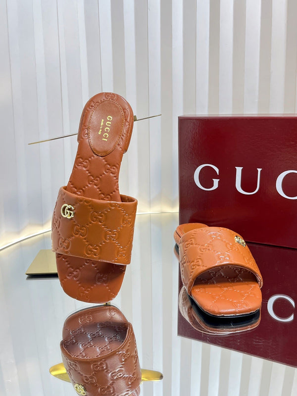 GC Double G Slide Sandals Brown Embossed Leather 294631