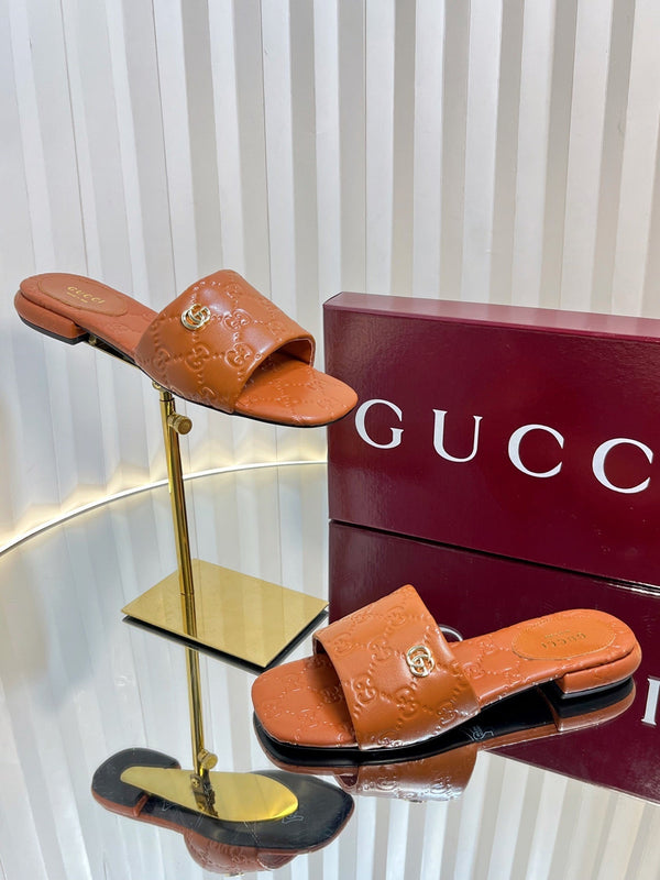 GC Double G Slide Sandals Brown Embossed Leather 294631