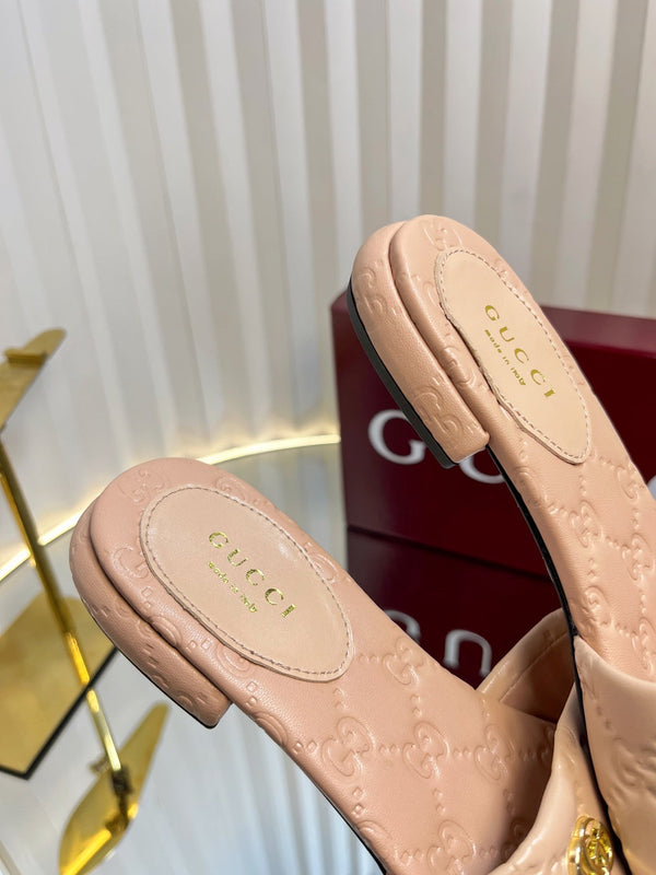 GC Double G Slide Sandals Nude Embossed Leather 294632