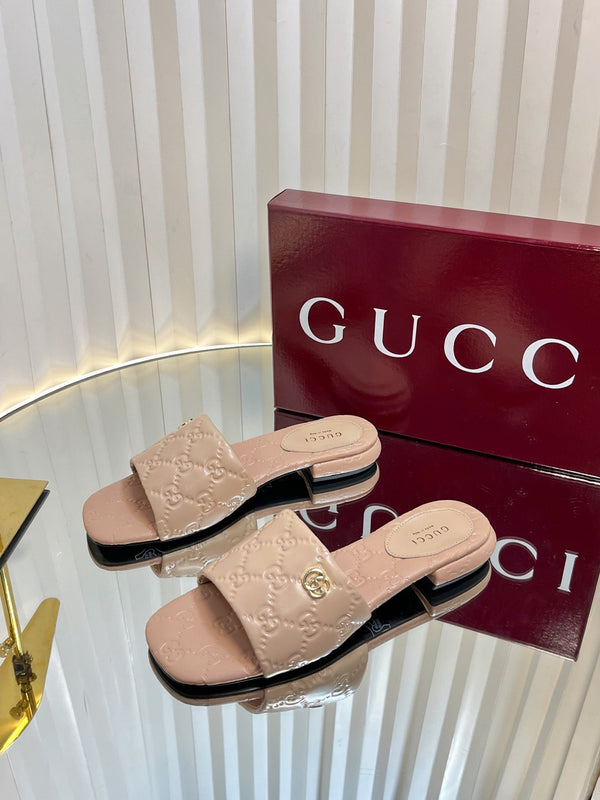 GC Double G Slide Sandals Nude Embossed Leather 294632