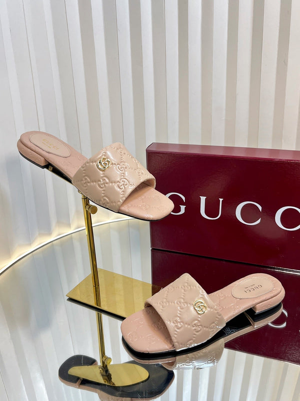 GC Double G Slide Sandals Nude Embossed Leather 294632