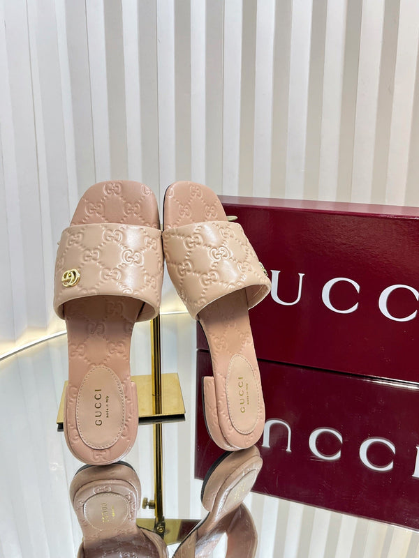 GC Double G Slide Sandals Nude Embossed Leather 294632