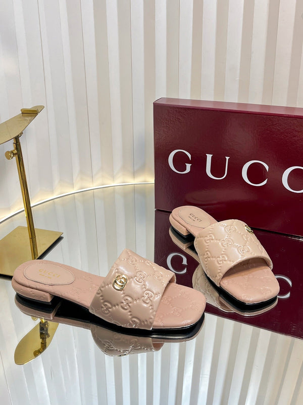 GC Double G Slide Sandals Nude Embossed Leather 294632