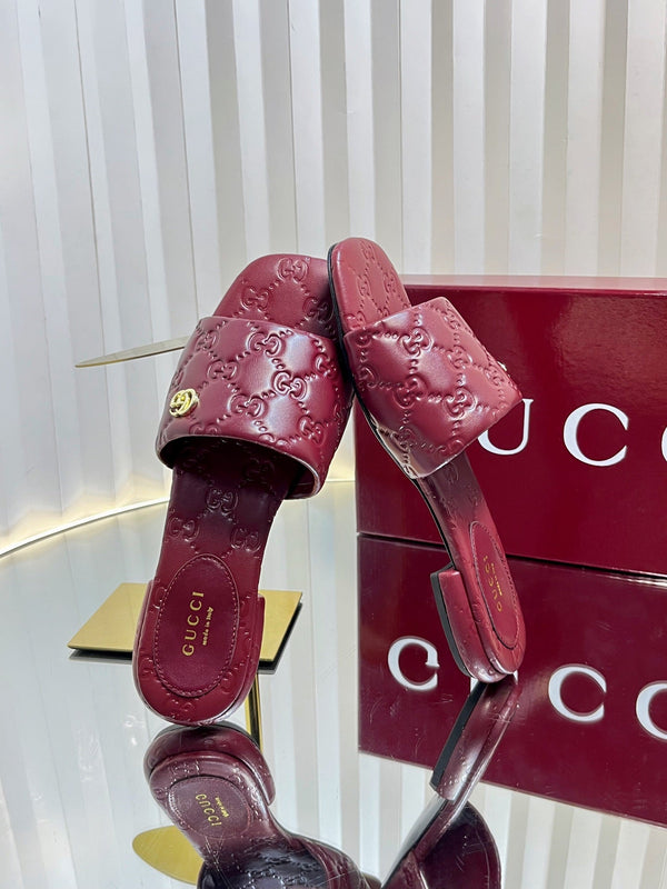 GC Double G Slide Sandals Rosso Ancora Red Embossed Leather 294634