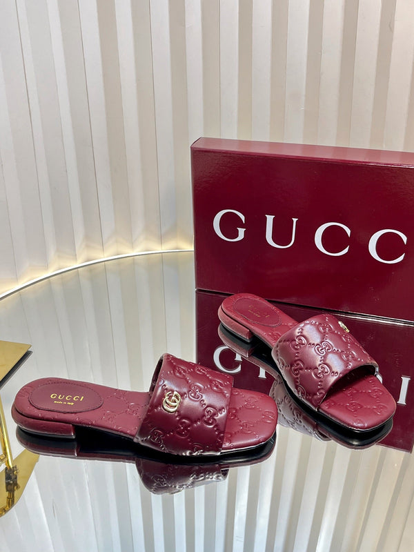 GC Double G Slide Sandals Rosso Ancora Red Embossed Leather 294634