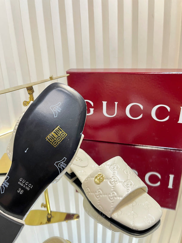 GC Double G Slide Sandals White Embossed Leather 294635