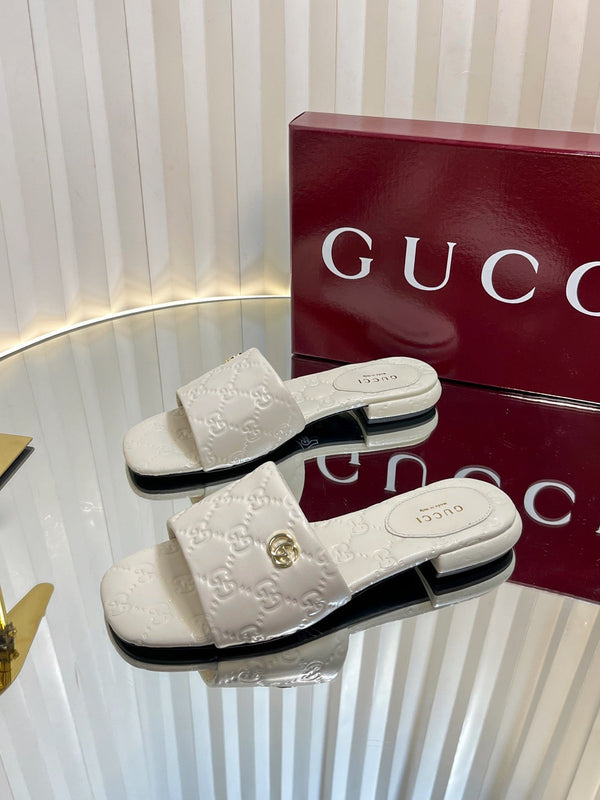 GC Double G Slide Sandals White Embossed Leather 294635