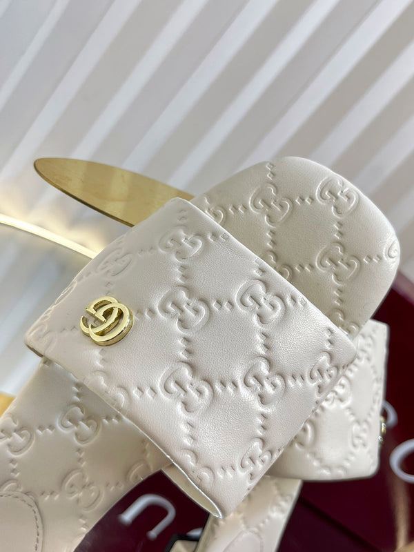 GC Double G Slide Sandals White Embossed Leather 294635