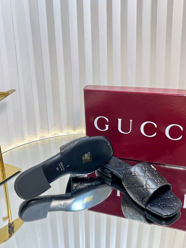 GC Double G Slide Sandals Black Embossed Leather 294636