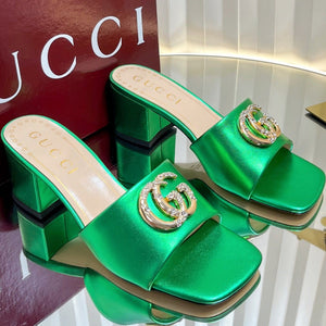 GC 25 Interlocking G Heeled Sandal Green Patent Leather 294637