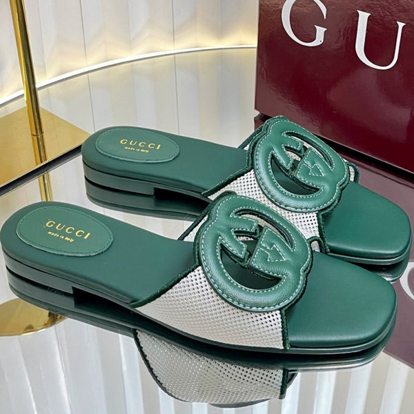 GC 25 Interlocking G Slide Sandal Emerald Green Canvas Cowhide 294643