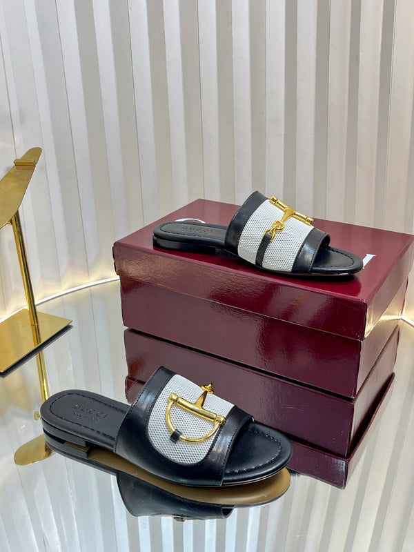 GC 25 Horsebit GG Sandals Black Canvas Sheepskin 294664