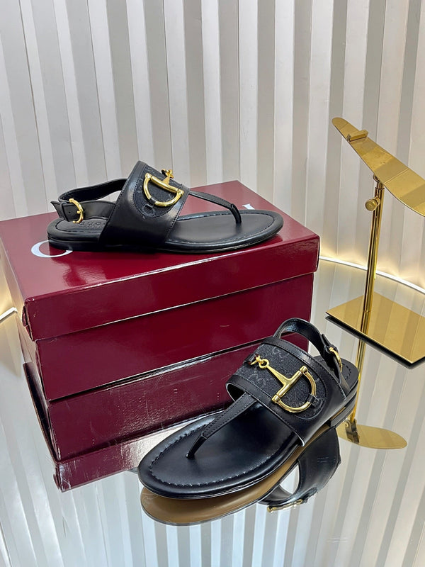 Sandali infradito GC Horsebit in tela nera e pelle di pecora 294539