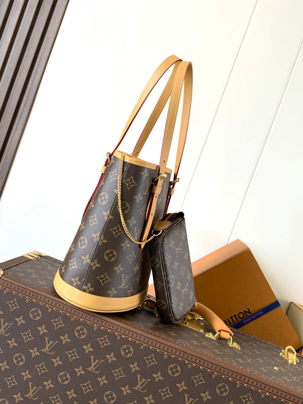 LV Petit Bucket PM 23cm Brown Monogram Canvas & Cowhide