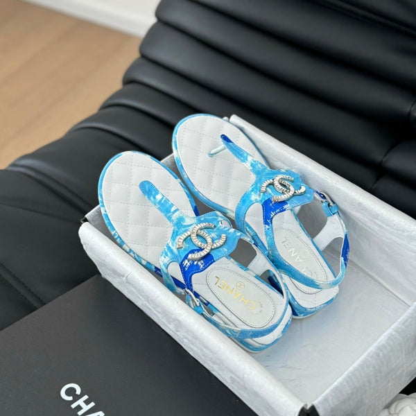 Double C Classic One-Strap Sandals White Sky Blue Lambskin