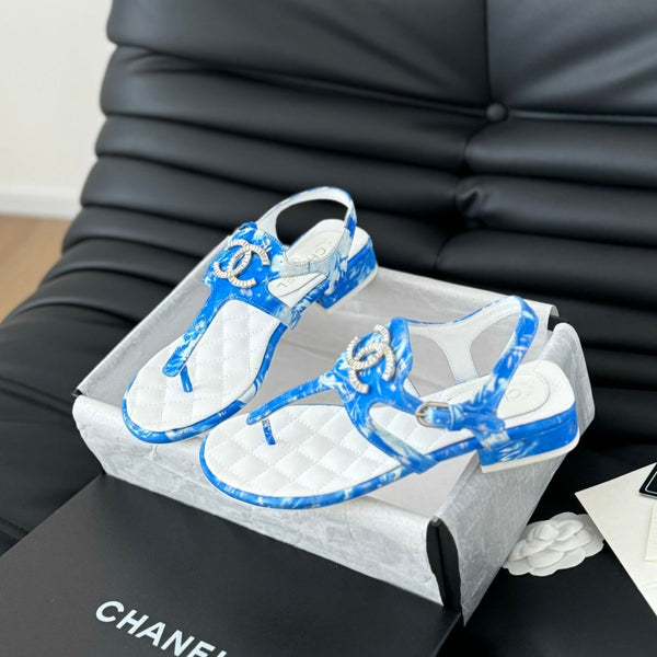 Double C Classic One-Strap Sandals White Navy Blue Lambskin