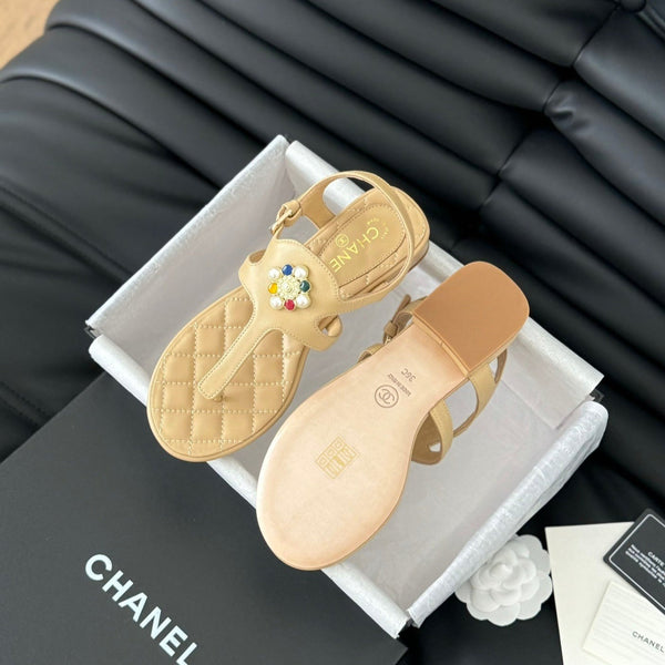 Double C Classic One-Strap Sandals Tan Brown Lambskin