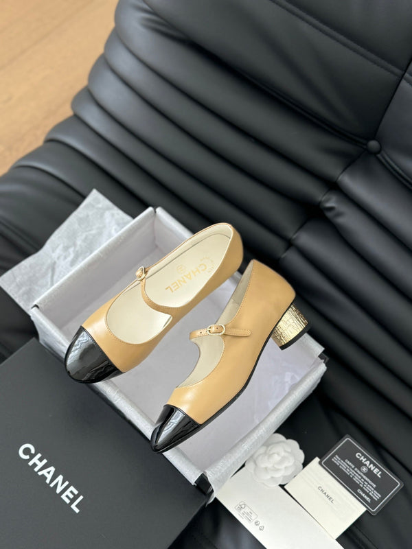 CC MARY JANE SHOES IN SEPIA BEIGE MIX BLACK LAMBSKIN WITH GOLD HARDWARE