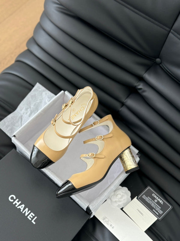 CC MARY JANE SHOES THREE STRAPS IN SEPIA BEIGE MIX BLACK LAMBSKIN