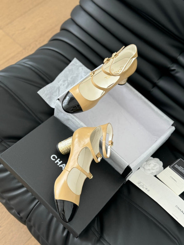 CC MARY JANE SHOES THREE STRAPS IN SEPIA BEIGE MIX BLACK LAMBSKIN