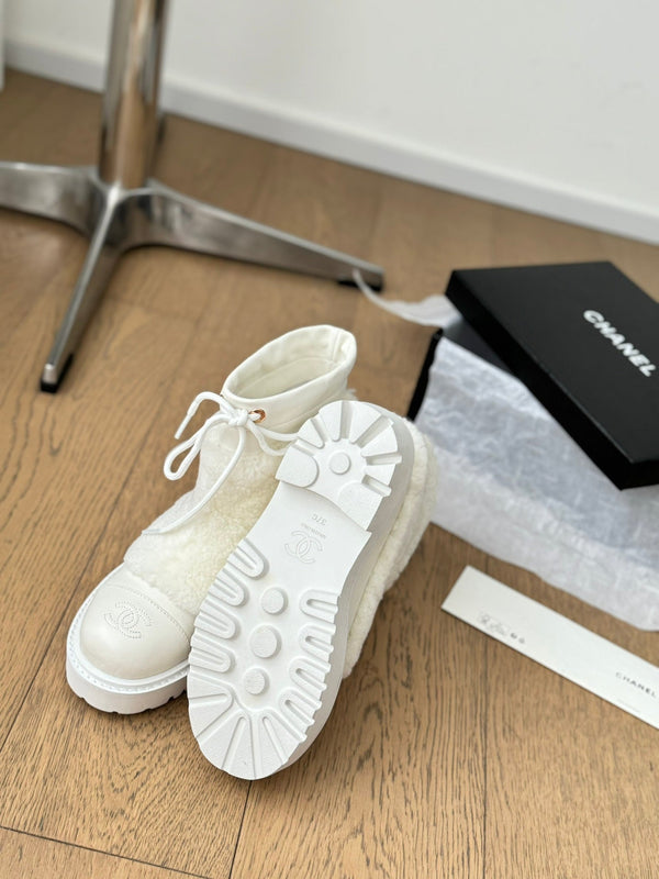 STIVALI CC CHUNKY IN PILE BIANCO LISCIO E PELLE DI VITELLO