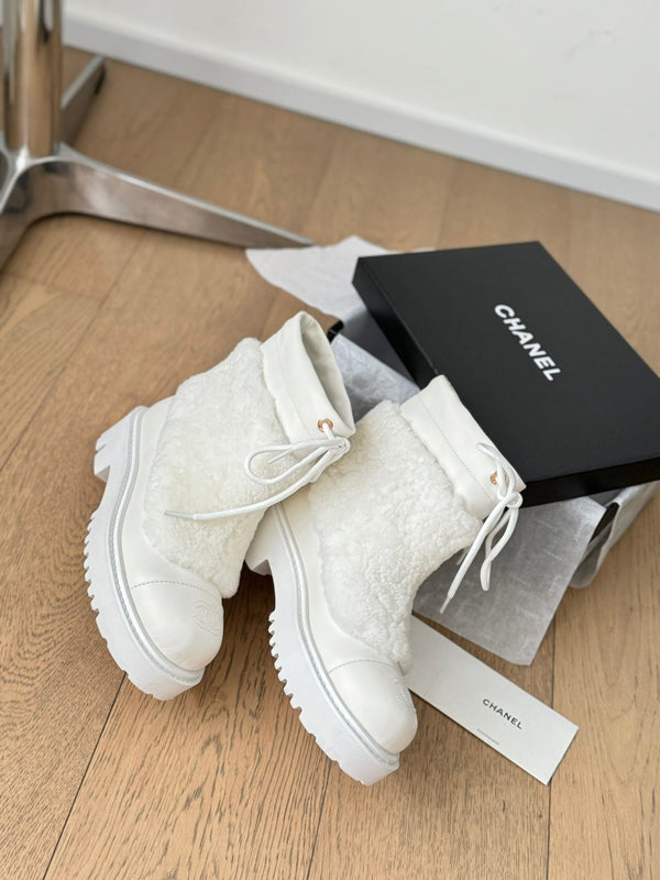 STIVALI CC CHUNKY IN PILE BIANCO LISCIO E PELLE DI VITELLO