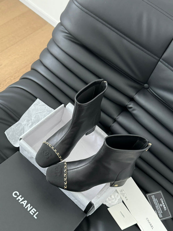 CC Ankle Boot Black Calfskin Grosgrain Leather Strap